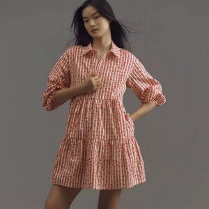 Maeve Red & White Heart Striped Tiered Mini Shirt Dress